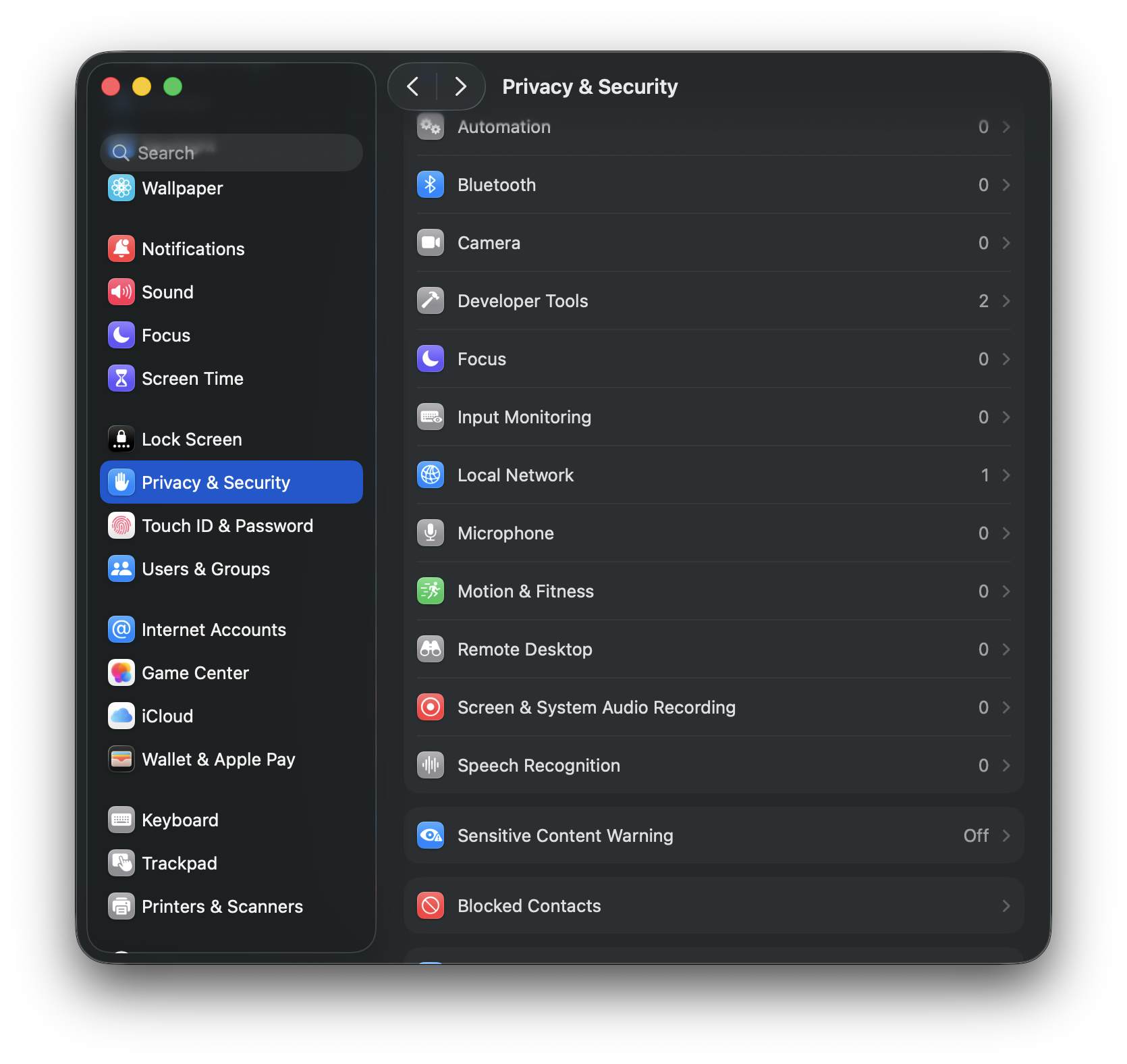 The System Settings application in macOS showing the various TCC controls.